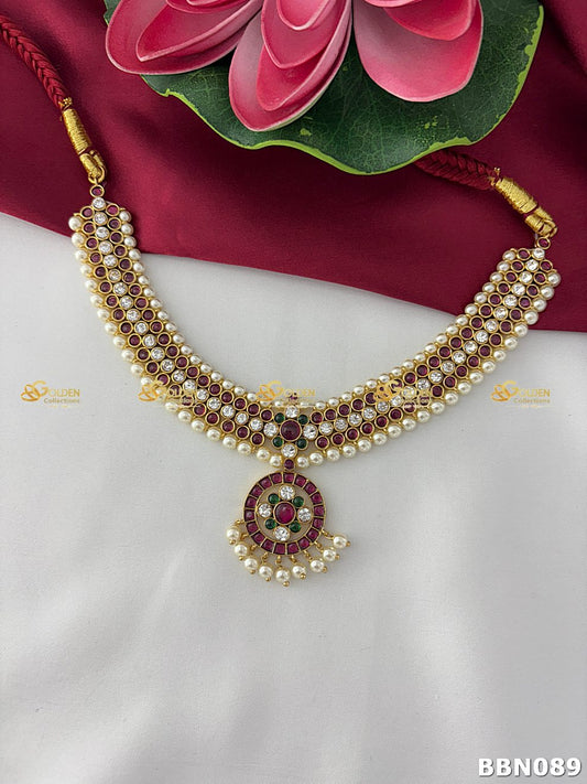 Kemp Pearl Bharatanatyam Necklace | Temple Addigai