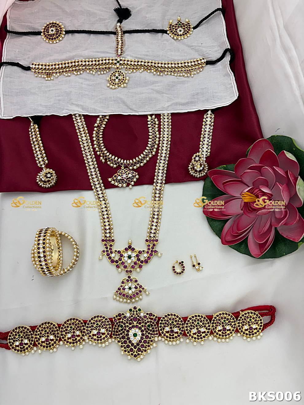 Bharatanatyam Temple Jewellery Set with Kemp stones and antique gold plating for Arangetram performance