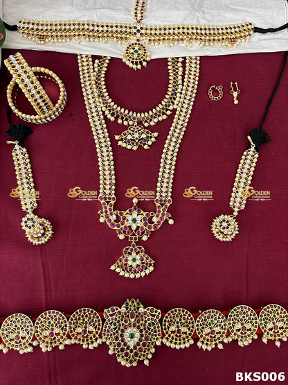 Traditional Bharatanatyam Kemp Temple Jewellery Set with Long Haram, Choker and Vaddanam for Arangetram and Kuchipudi Dance – GoldenCollections