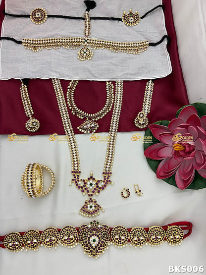 Short necklace choker with red Kemp stones and pearls from Bharatanatyam temple jewellery set