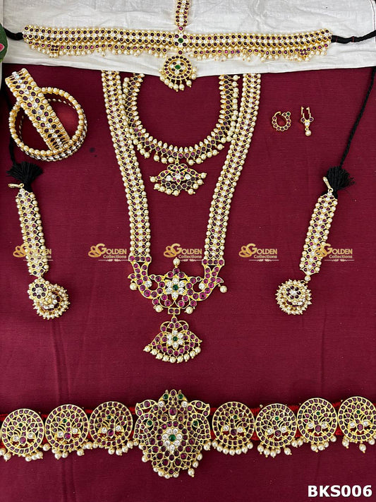 Traditional Bharatanatyam Kemp Temple Jewellery Set with Long Haram, Choker and Vaddanam for Arangetram and Kuchipudi Dance – GoldenCollections