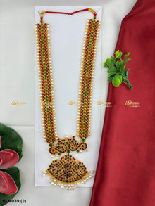 Bharatanatyam long haram with red, green and clear stones BLN-039