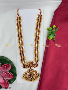 Bharatanatyam long haram with red, green and clear stones BLN-038
