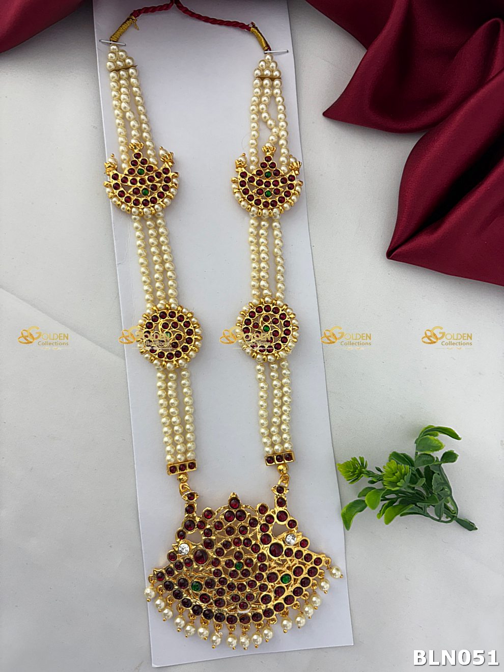 Bharatanatyam long haram with red, green and clear stones BLN-051