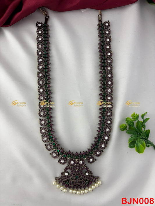 Black Bharatanatyam mango long haram with Kemp stones and pearl drops – temple dance jewellery for classical performances