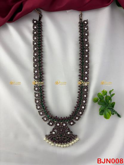 Black Bharatanatyam Mango Long Haram with Kemp stones & pearls.