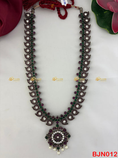 Bharatanatyam Mango Long Haram with Round Pendant | Black Kemp Temple Jewellery