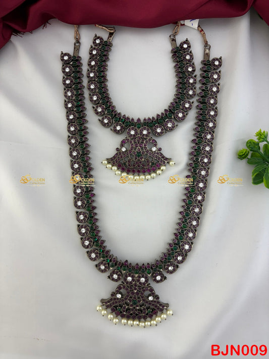 Black Kemp Bharatanatyam mango long and short necklace set with pearls – temple dance jewellery for classical performance