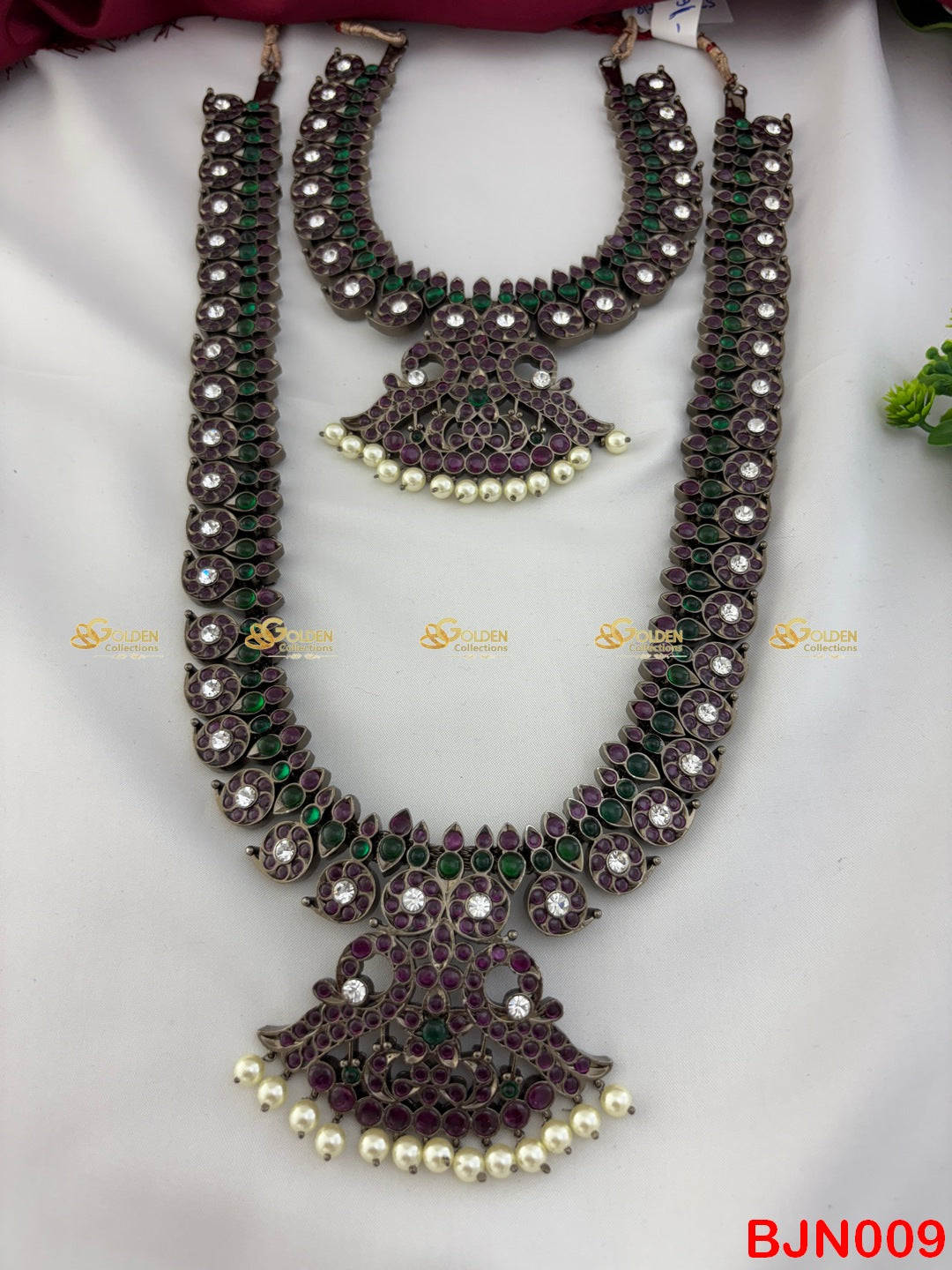 Bharatanatyam Mango Long & Short Necklace Set | Black Kemp Temple Jewellery GOLDENCOLLECTIONS