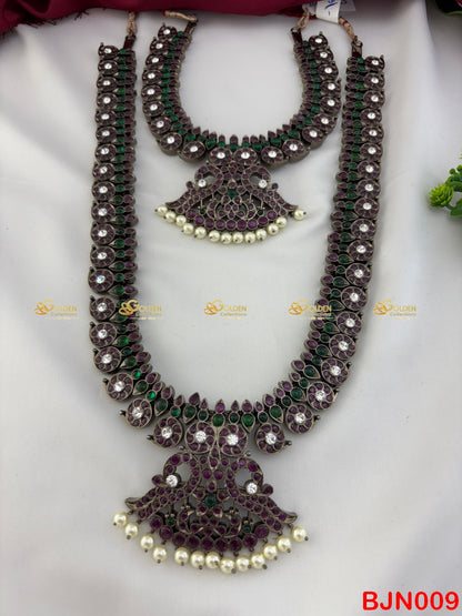 Bharatanatyam Mango Long & Short Necklace Set | Black Kemp Temple Jewellery GOLDENCOLLECTIONS