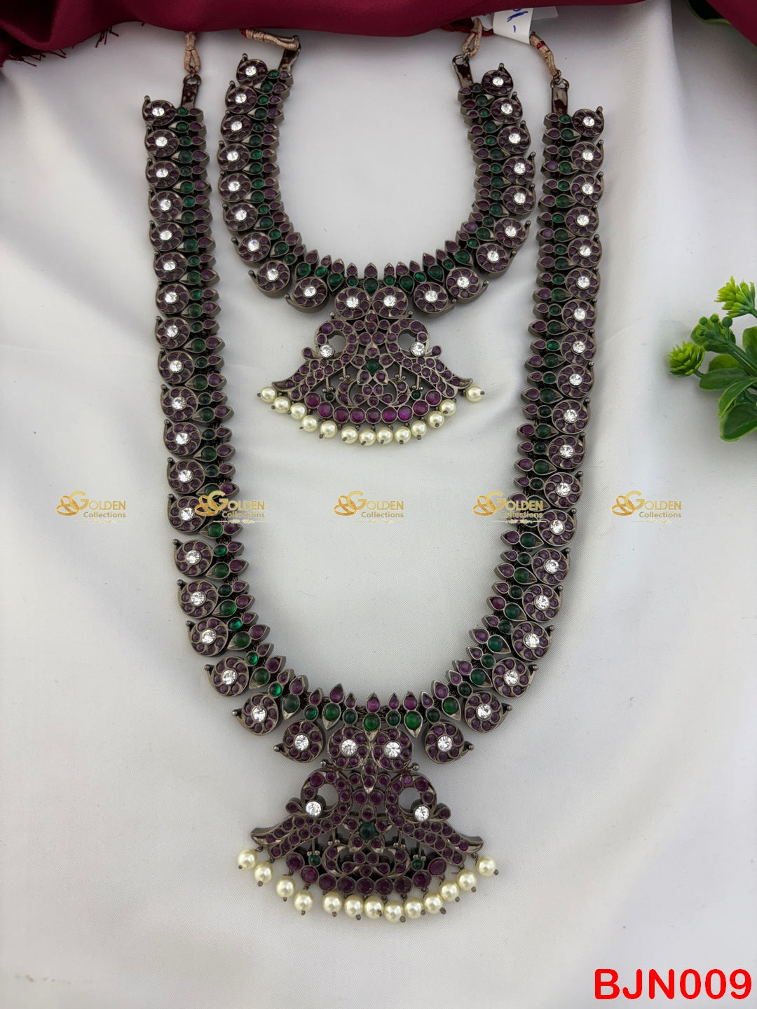 Black Kemp Mango Long & Short Necklace Set for Bharatanatyam. Traditional temple jewellery with mango motifs, pearls & Kemp stones for Arangetram BY GOLDENCOLLECTIONS