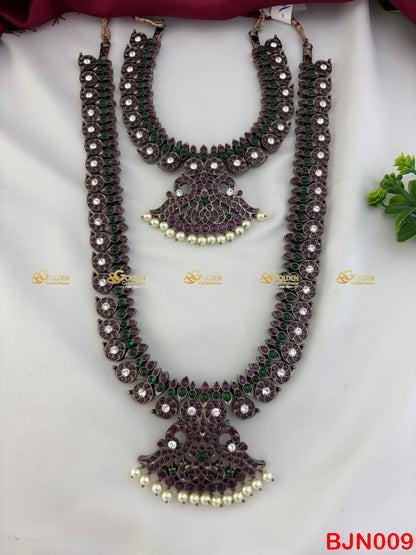 Black Kemp Mango Long & Short Necklace Set for Bharatanatyam. Traditional temple jewellery with mango motifs, pearls & Kemp stones for Arangetram BY GOLDENCOLLECTIONS