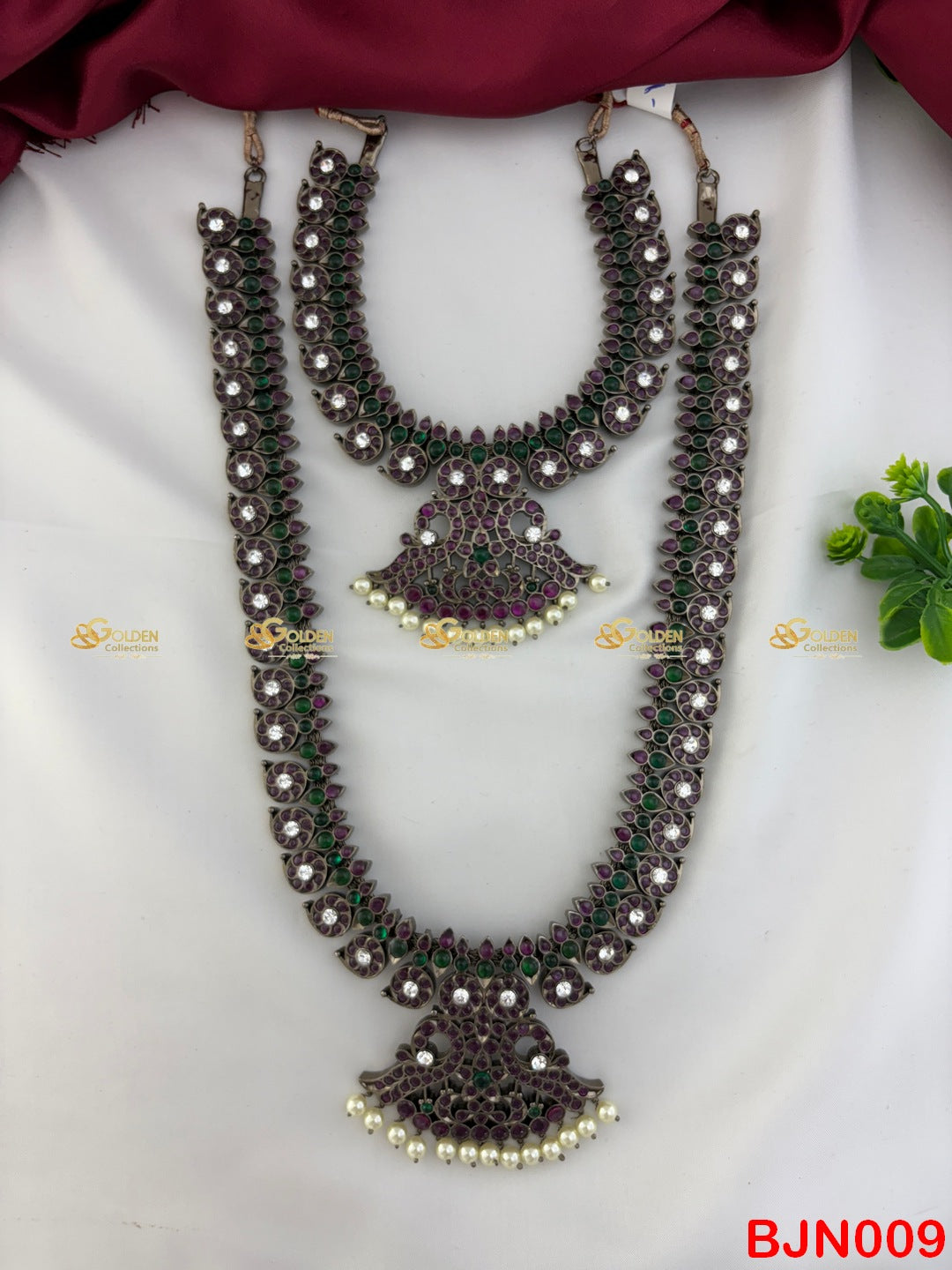 Black Kemp Bharatanatyam mango long and short necklace set with pearls – temple dance jewellery for classical performance BY Goldencollections