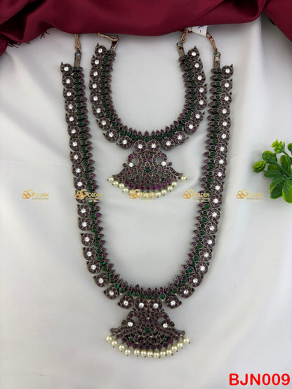 Black Kemp Bharatanatyam mango long and short necklace set with pearls – temple dance jewellery for classical performance BY Goldencollections