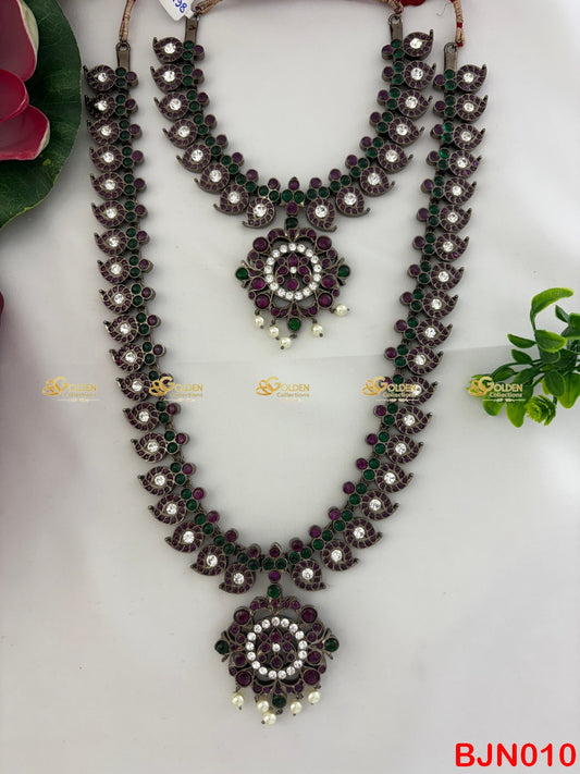 Black Kemp Bharatanatyam Mango Long & Short Necklace Set with Round Pendant and Pearls – Temple Jewellery for Classical Dance and Weddings