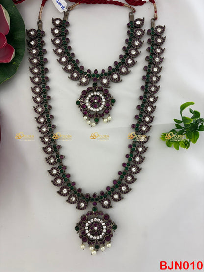 Bharatanatyam Mango Haram Set – Black Kemp Long & Short Necklace GOLDENCOLLECTIONS