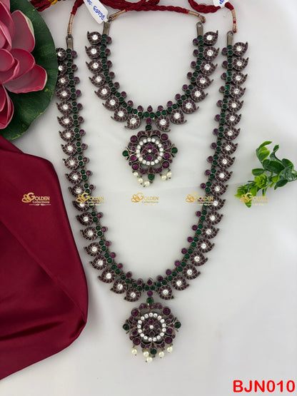 Black Kemp Bharatanatyam Mango Necklace Set with round floral pendant. Includes long haram & short necklace, perfect for Arangetram & weddings. GOLDENCOLLECTIONS