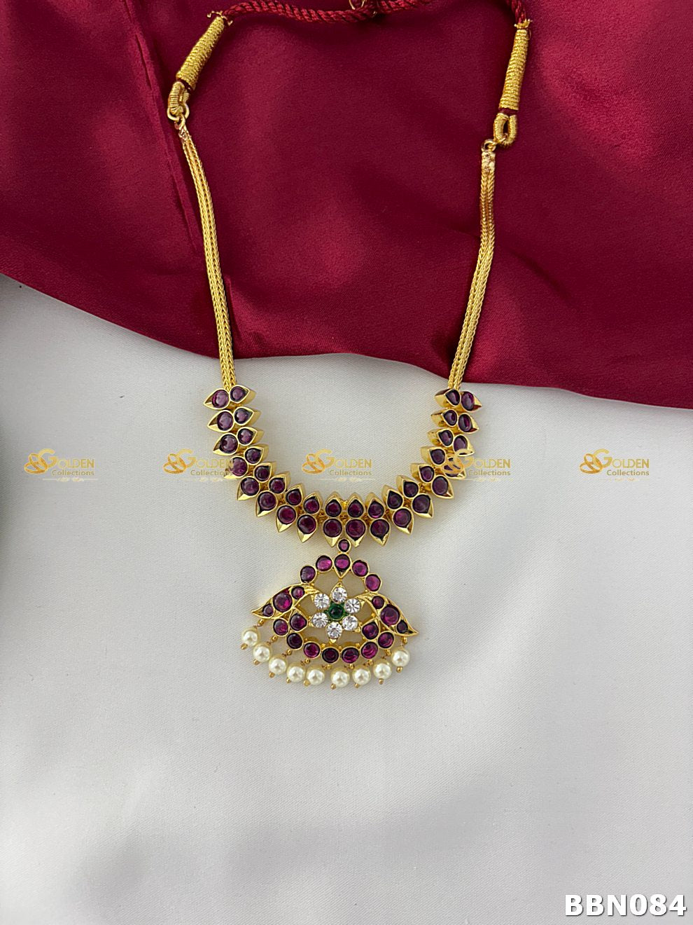 Bharatanatyam necklace with ruby stones, gold finish and pearl drops for classical dance