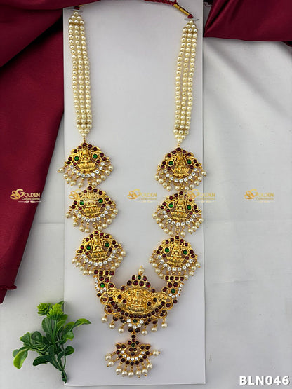 Bharatanatyam Pearl Long Haram with Kemp stones and Lakshmi pendants
