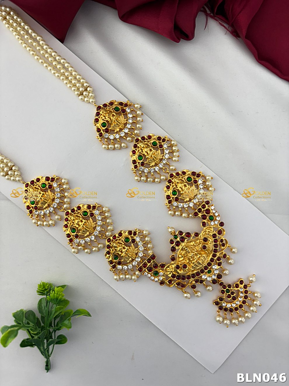 Bharatanatyam Pearl Long Haram with Kemp stones and Lakshmi pendants Goldencollections
