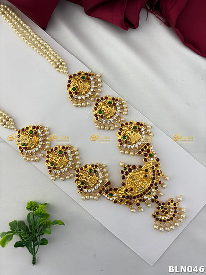 Bharatanatyam Pearl Long Haram with Kemp stones and Lakshmi pendants Goldencollections
