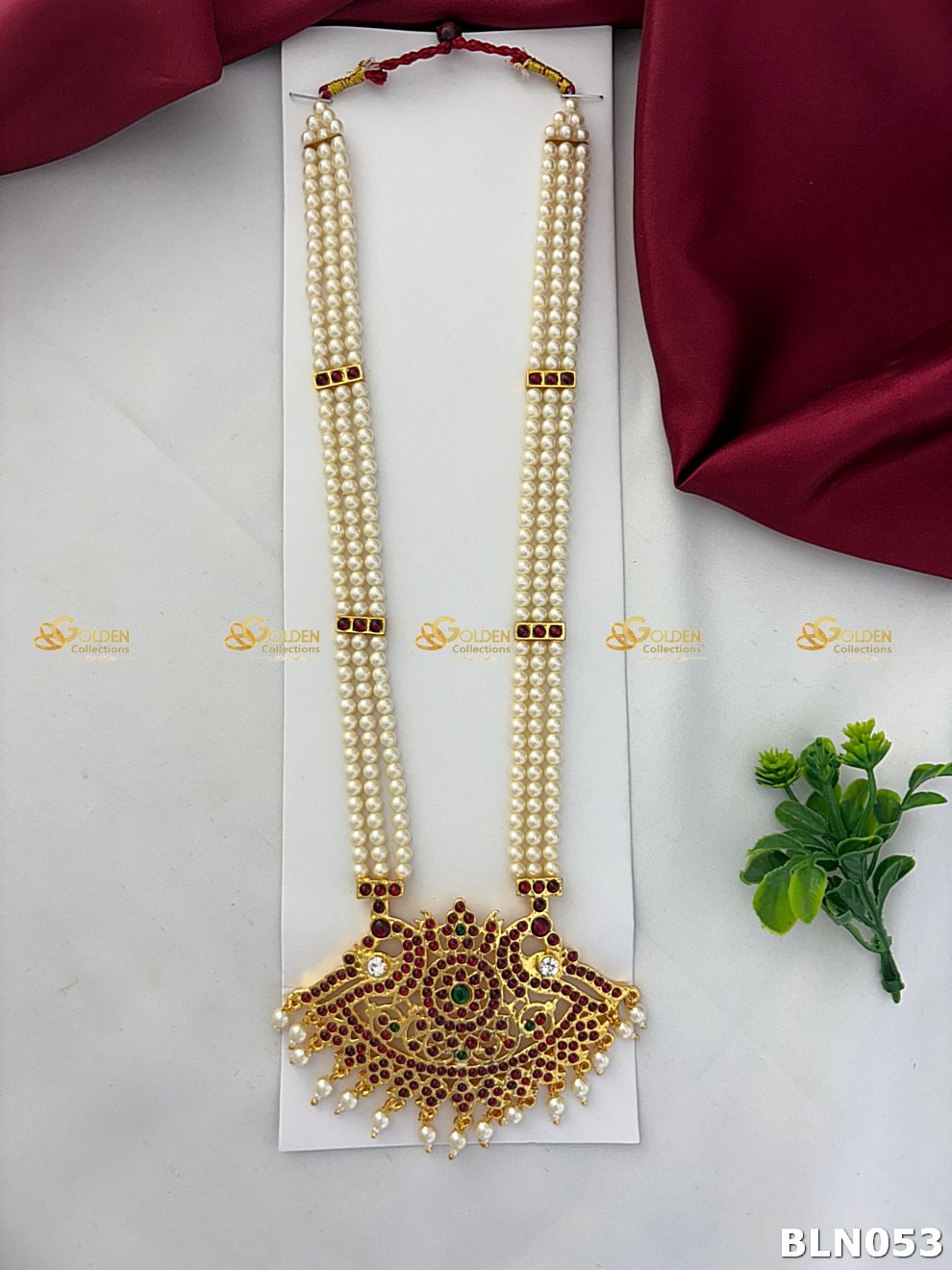 Bharatanatyam long haram with red, green and clear stones with white pearls BLN-053