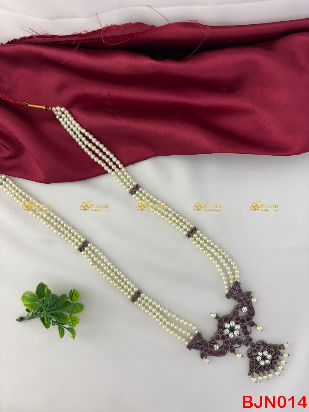 Bharatanatyam Pearl Necklace with Double Kemp Pendant – Triple Layer Muthu Malai Temple Jewellery GOLDENCOLLECTIONS