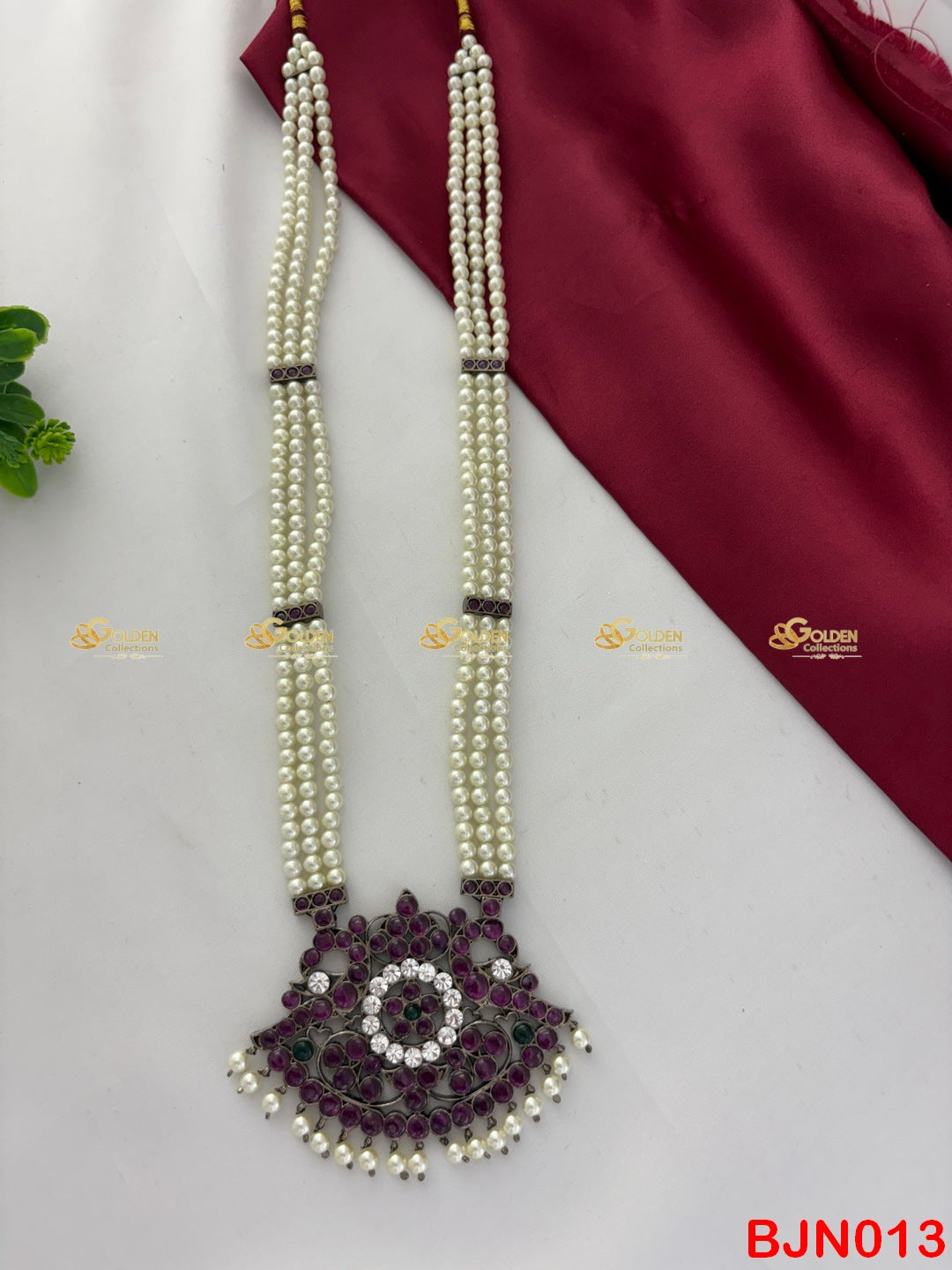 Bharatanatyam Pearl Necklace with Kemp Half-Moon Pendant – Triple Layer Muthu Malai Temple Jewellery