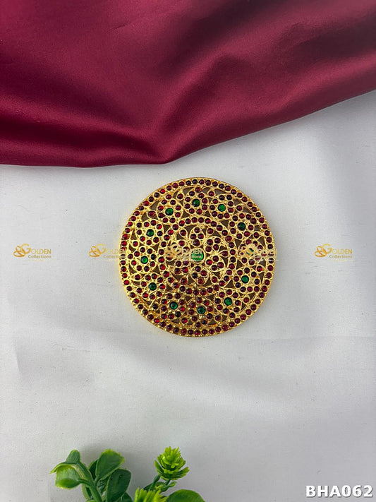 Bharatanatyam Temple Jewellery Rakodi with ruby and green stones – traditional round dance hair accessory