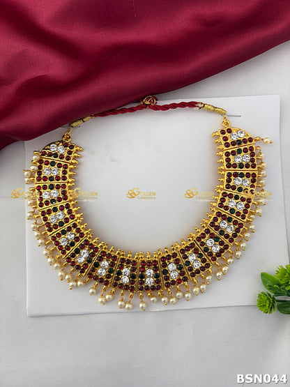 Bharatanatyam short necklace with square kemp stones white crystals and pearl drops temple jewellery
