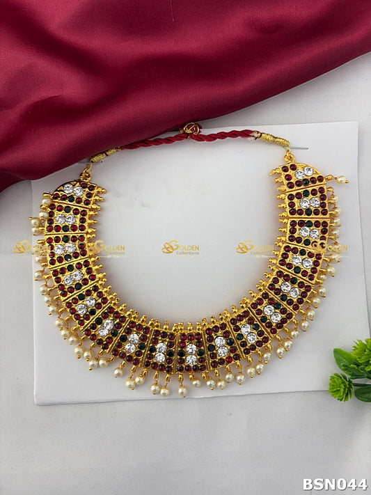 Bharatanatyam short necklace with square kemp stones white crystals and pearl drops temple jewellery
