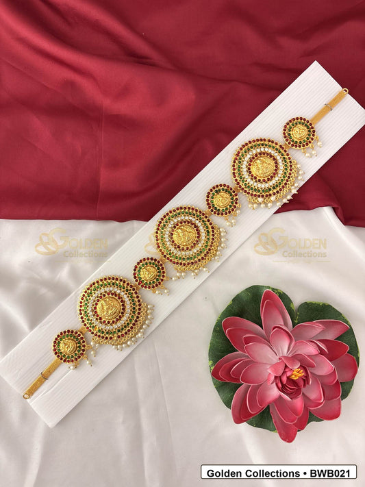 Front view of Bharatanatyam Slim Gold Tone Waist Belt for Dance Costume showing gold-tone waist belt design for Bharatanatyam costume styling