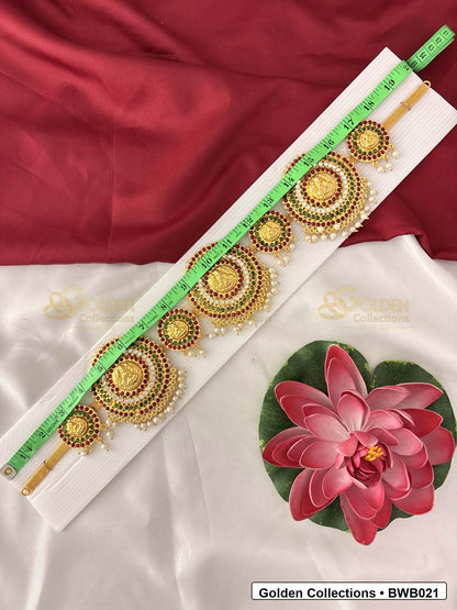 Measurement and scale view of Bharatanatyam Slim Gold Tone Waist Belt for Dance Costume for fit checking