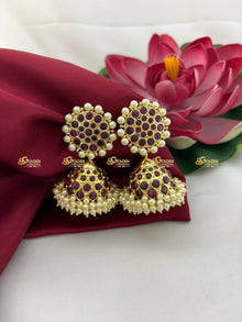 Real Kemp Jhumka Earrings for Bharatanatyam and Kuchipudi BBE012 with red-green kemp stones with pearl accents