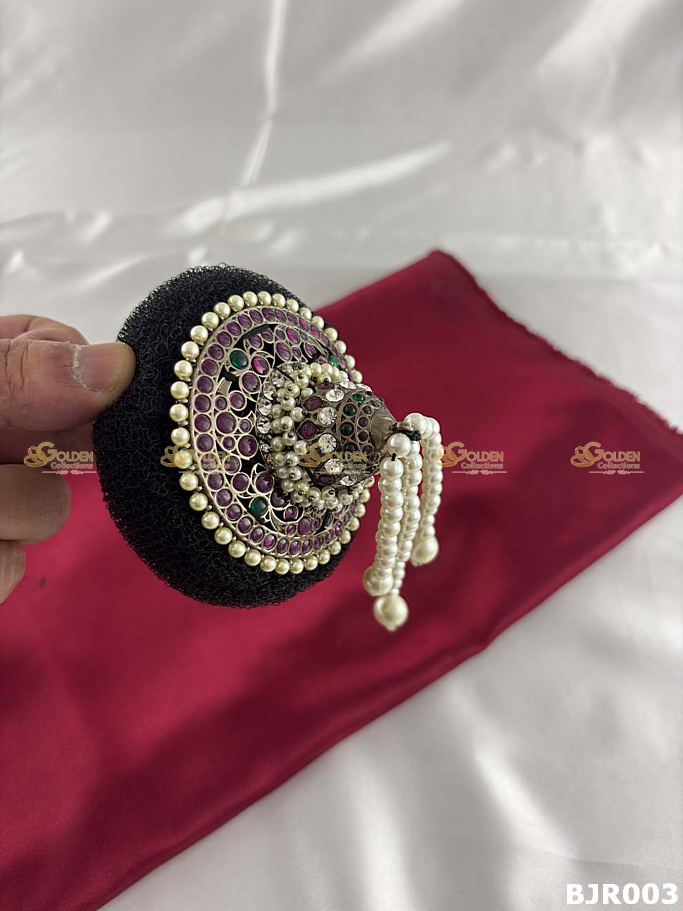 black kemp Andal bun rakodi for Bharatanatyam. Premium temple jewellery hair bun accessory for arangetram & classical dance.