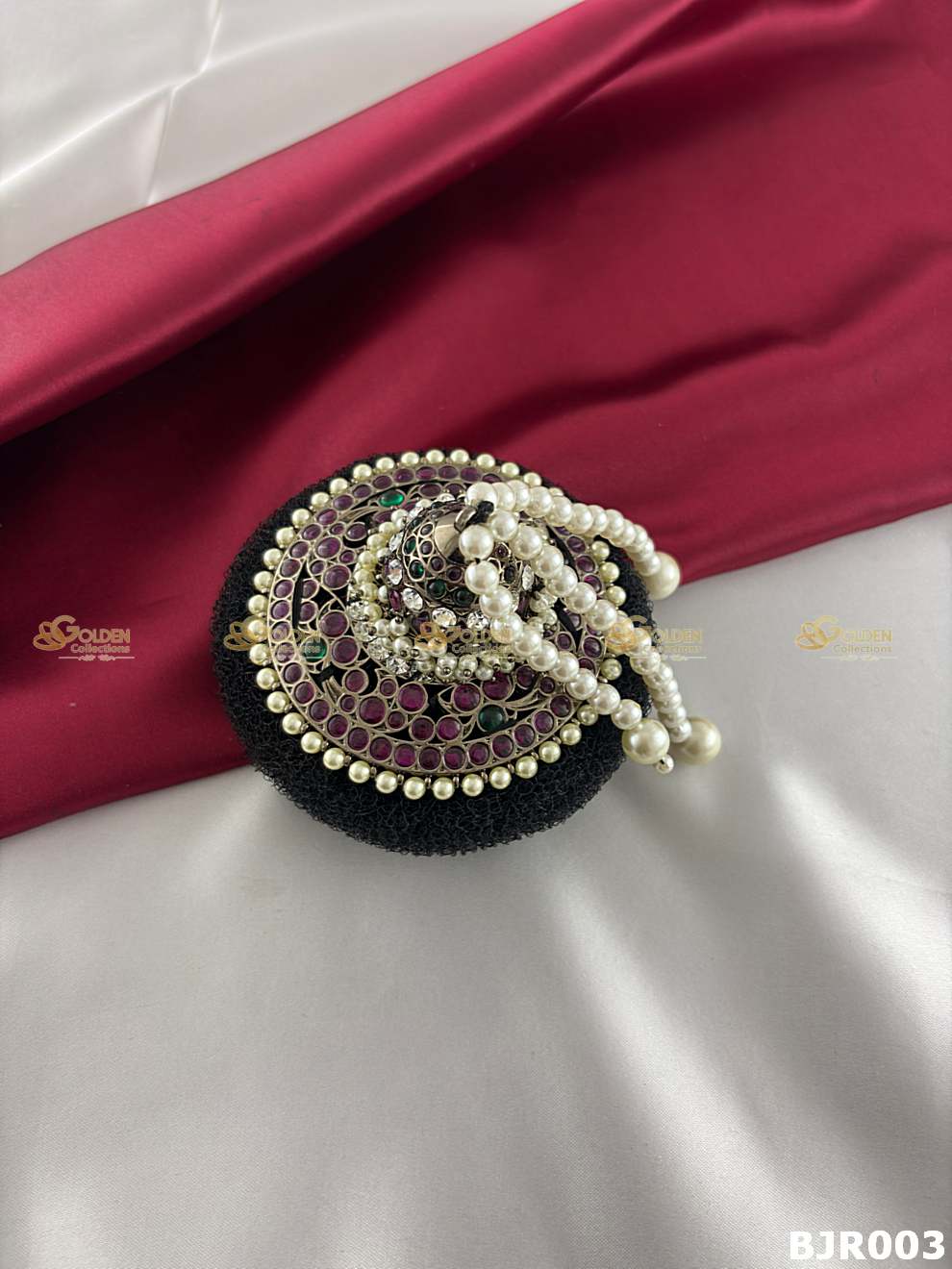 Black Kemp Andal Bun for Bharatanatyam | Temple Jewellery Rakodi Hair Bun with Pearl Drops