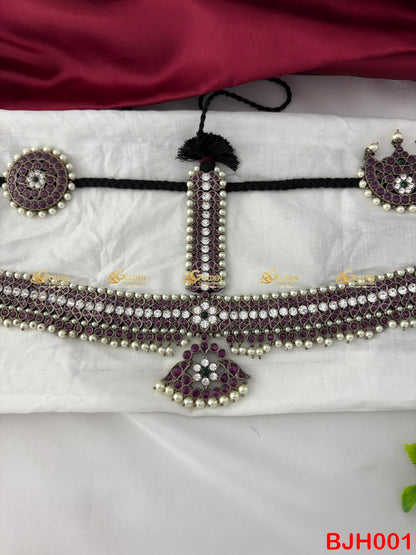 Black Kemp Bharatanatyam Headset Temple Jewelry with Surya Chandra