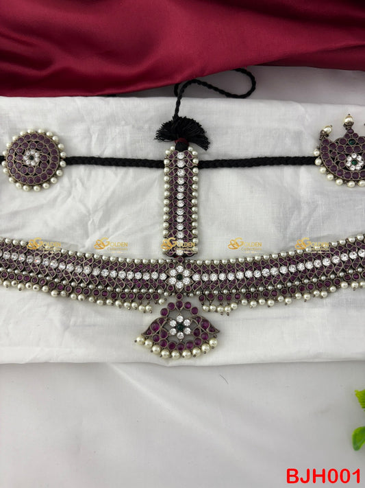 Black Kemp Bharatanatyam Headset Temple Jewelry with Surya Chandra