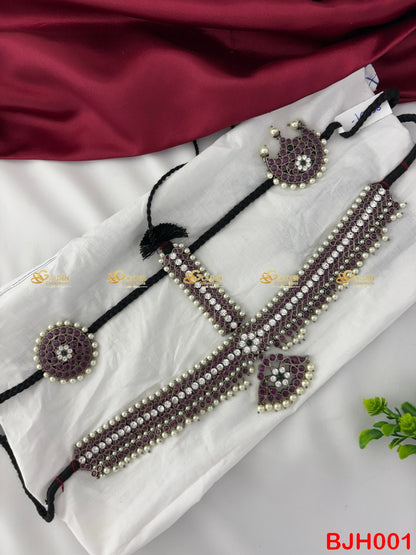 Black Kemp Bharatanatyam Headset in temple jewelry style at GoldenCollections.com.