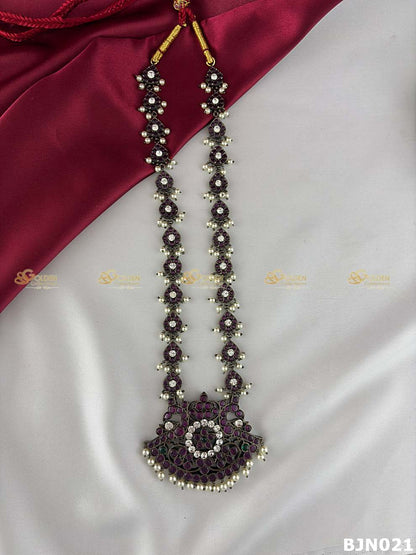 black kemp bharatanatyam long haram with pearl drops temple jewellery necklace for arangetram dance