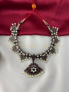 Black Kemp Temple Short Necklace for Bharatanatyam and Kuchipudi BJN017 with black kemp stones