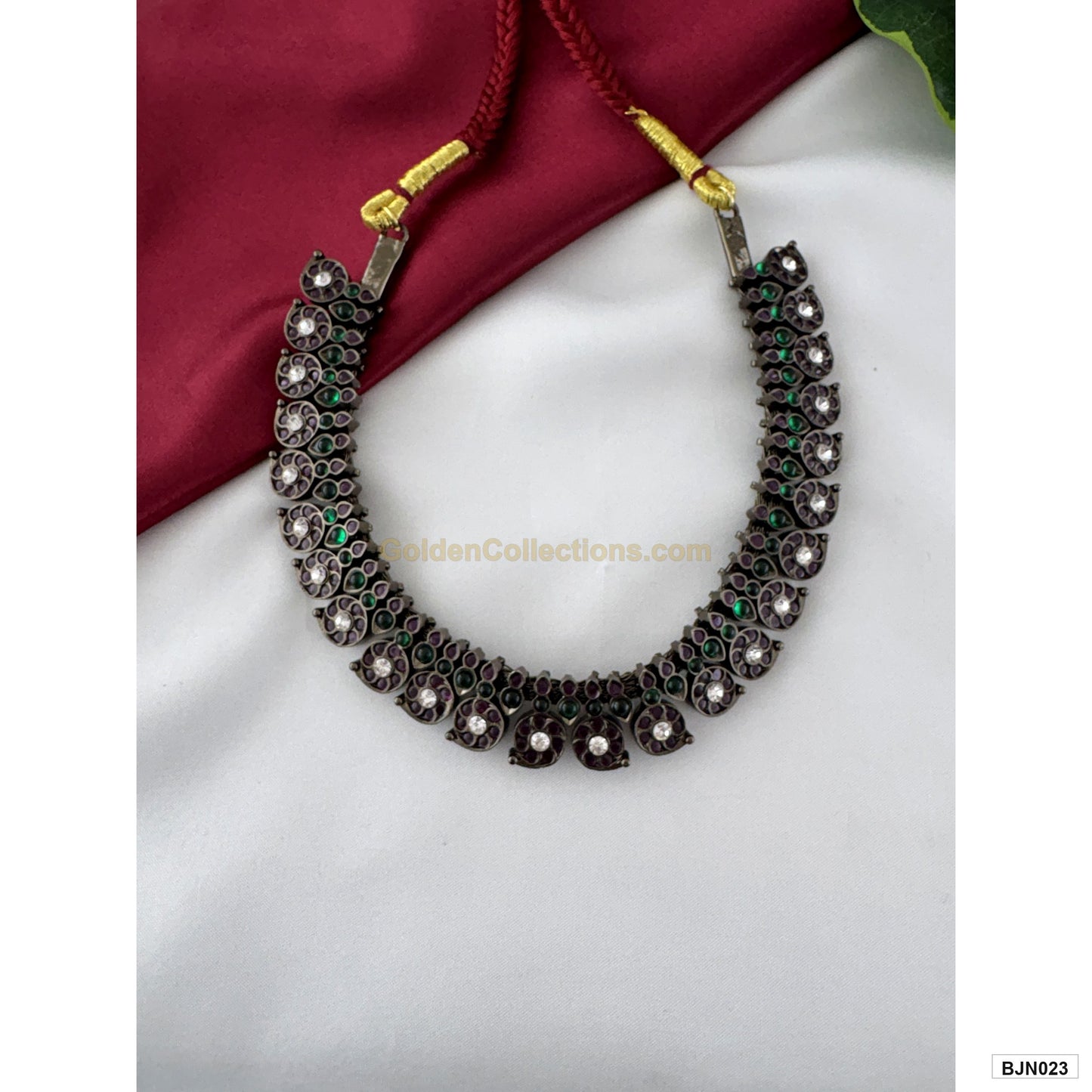 Black kemp green purple stones close-up on Bharatanatyam short necklace BJN023