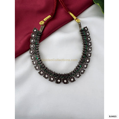 Black kemp green purple stones close-up on Bharatanatyam short necklace BJN023
