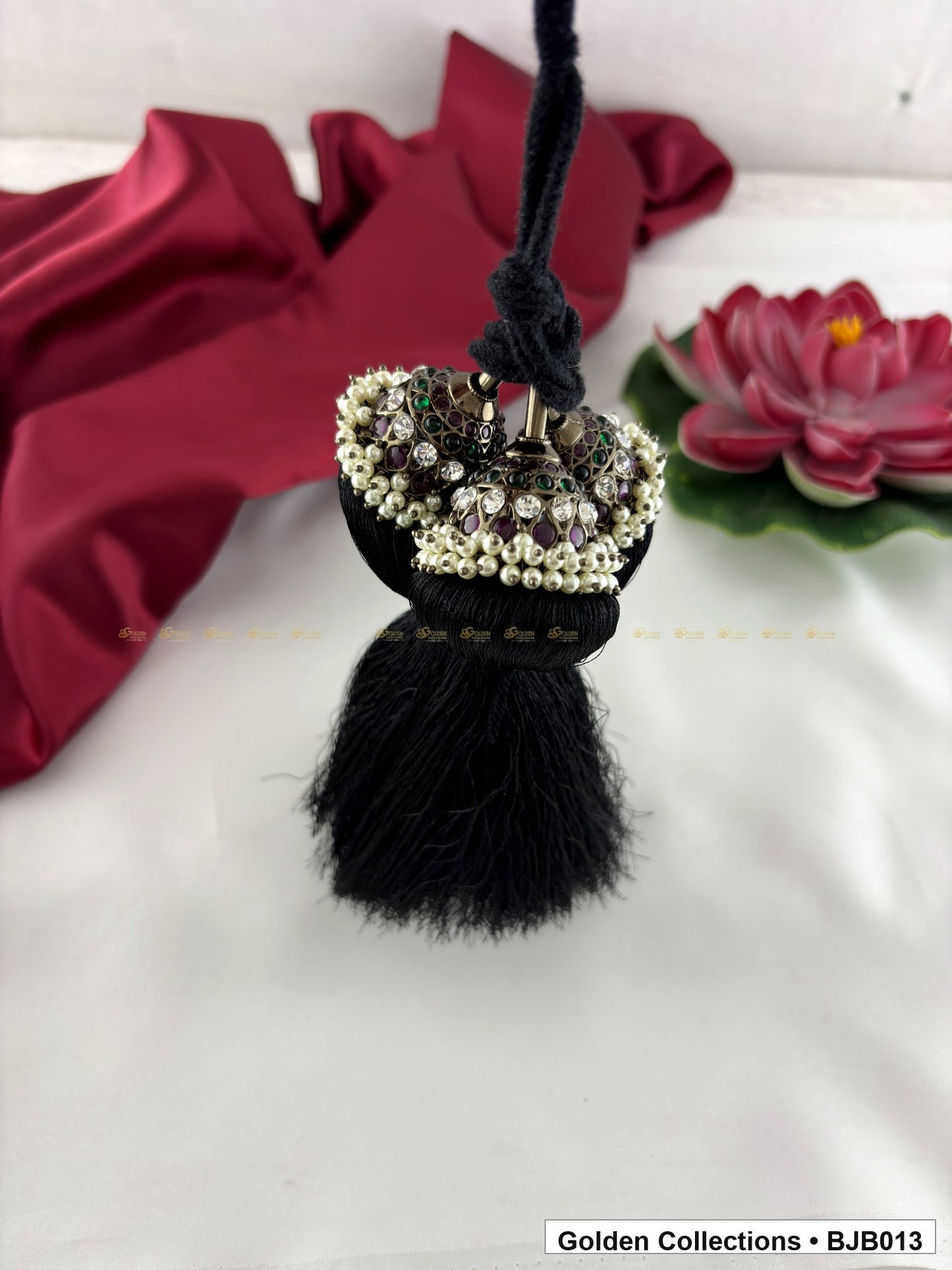 Front view of Black Kemp Jada Kuchulu for Bharatanatyam Hair Braid from Golden Collections