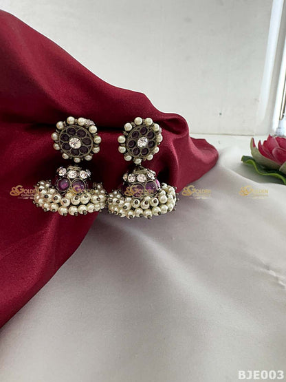 Black Kemp Jhumka Earrings for Bharatanatyam and Kuchipudi BJE038 with black kemp stones
