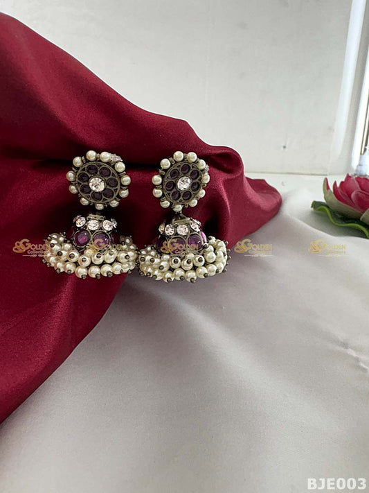 Black Kemp Jhumka Earrings for Bharatanatyam and Kuchipudi BJE038 with black kemp stones
