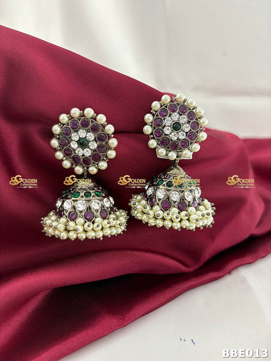 Black Kemp Jhumki Earrings for Bharatanatyam Dance | Temple Jewellery