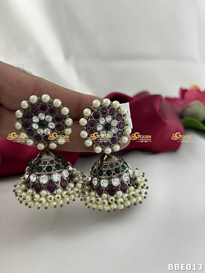 Black Kemp Jhumki Earrings with pearls and Kemp stones – Bharatanatyam dance temple jewellery for Arangetram, Kuchipudi, and South Indian weddings