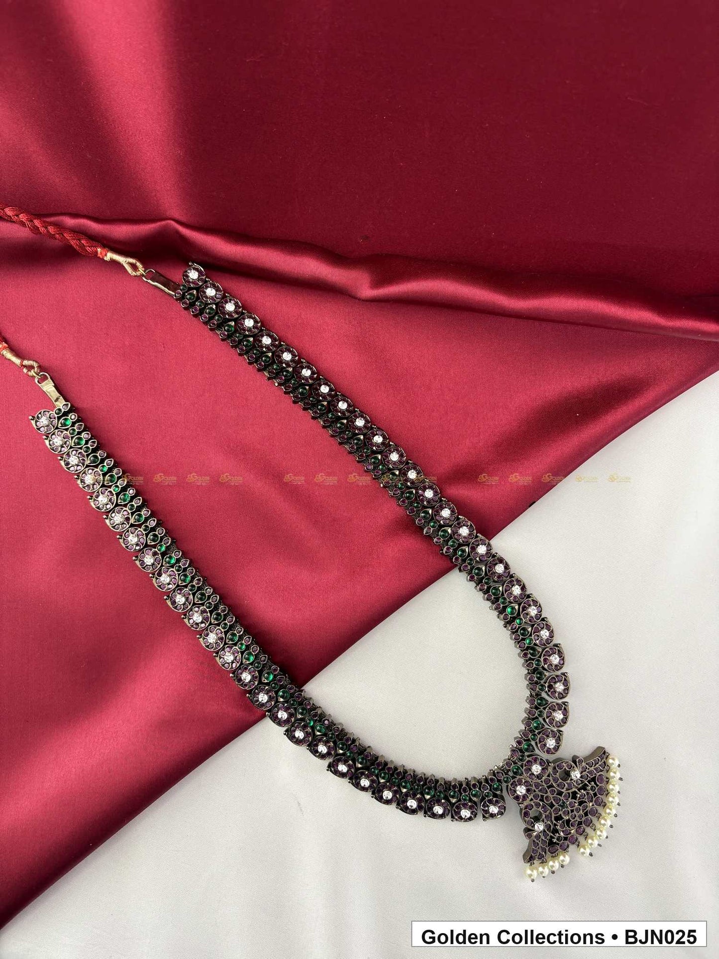 Front view of Black Kemp Long Haram Necklace for Bharatanatyam from Golden Collections