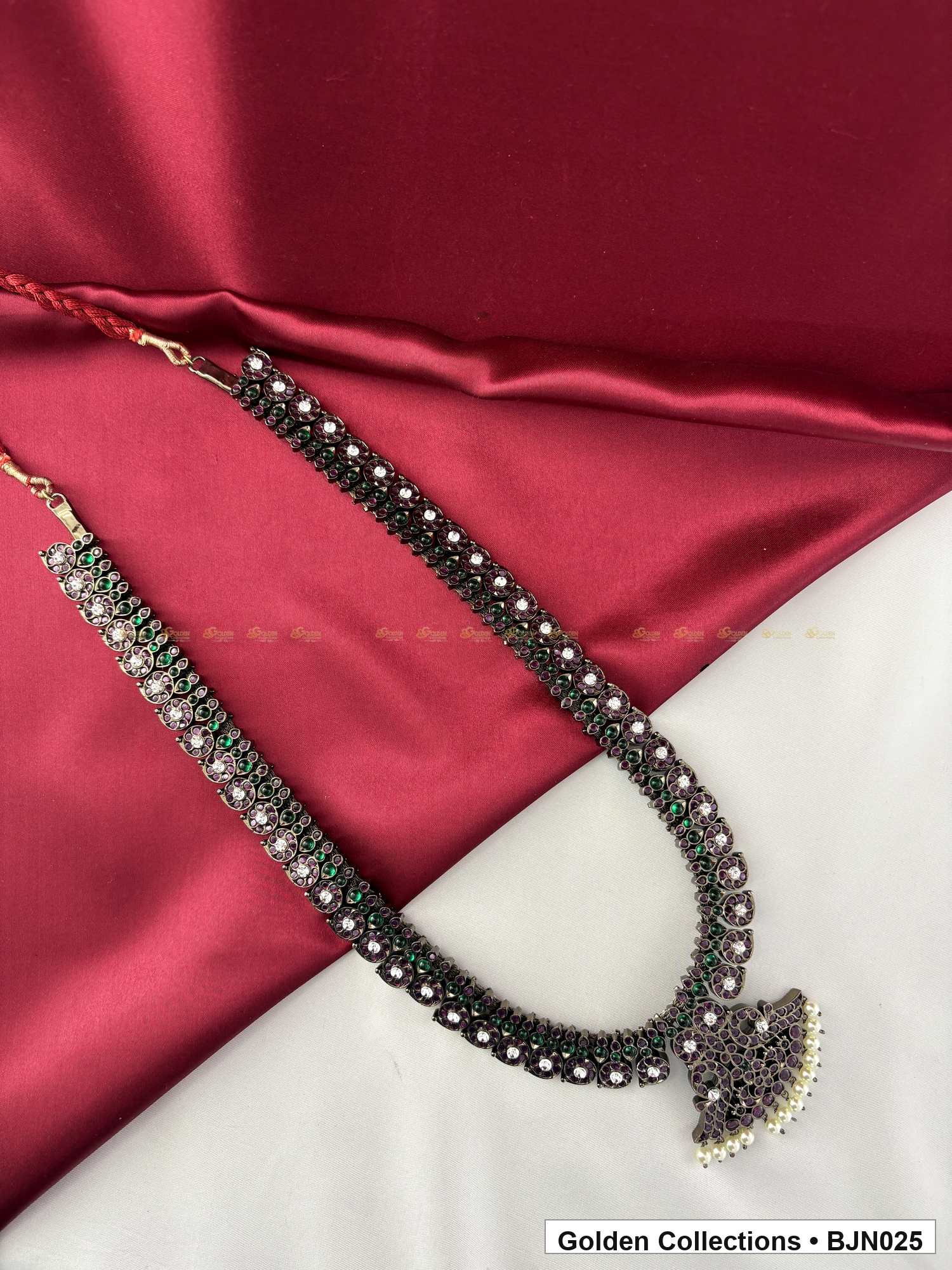 Front view of Black Kemp Long Haram Necklace for Bharatanatyam from Golden Collections